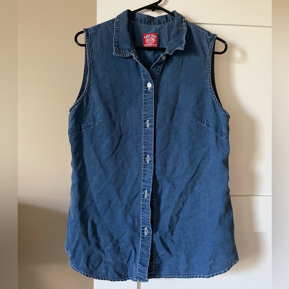 Sleeveless Vintage Denim Button-Up Shirt